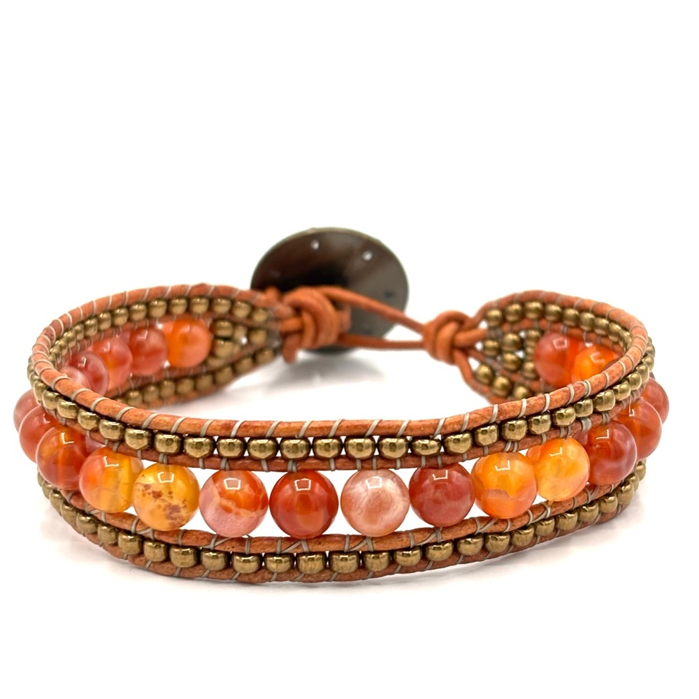 Hand Crafted Orange Fire Agate Cuff Bracelet with Floral Clasp - Picture 3 of 10